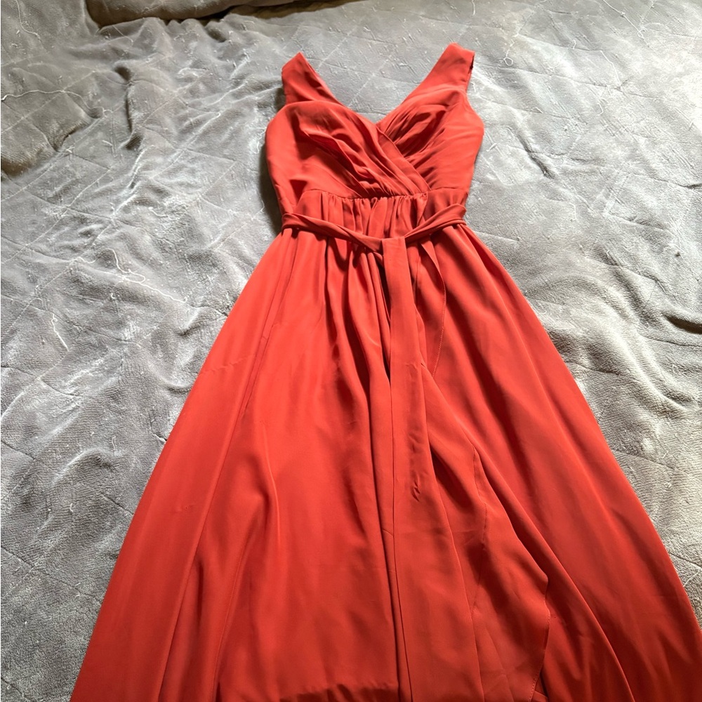 JJs House Orange Ruched Tie Front High Low Dress